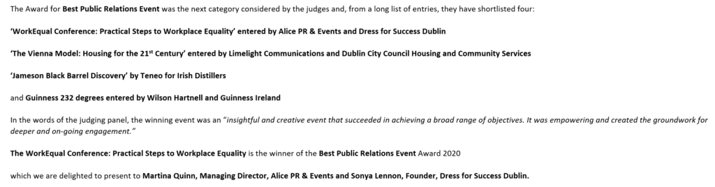 2020 PR Awards Judges' Citation Alice PR
